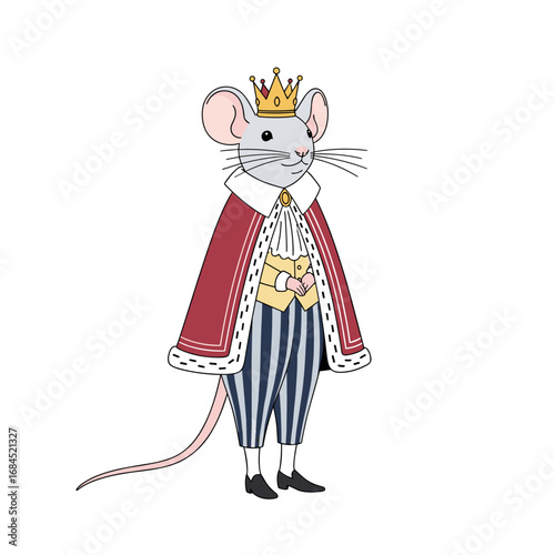 A regal mouse dressed in royal attire wearing a golden crown and a majestic red cape