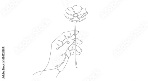 Elegant single line drawing of a hand gently holding a delicate flower illustration