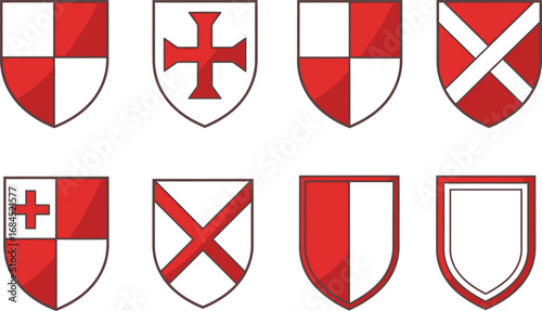 Set of Red and White Heraldic Shields on White Background, Cartoon Style Emblems