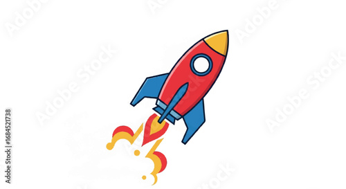 Red rocket launching into space with fiery exhaust.