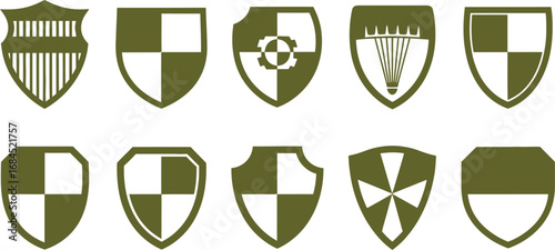 Set of Ten Olive Green Shield Icons with Various Designs on a White Background