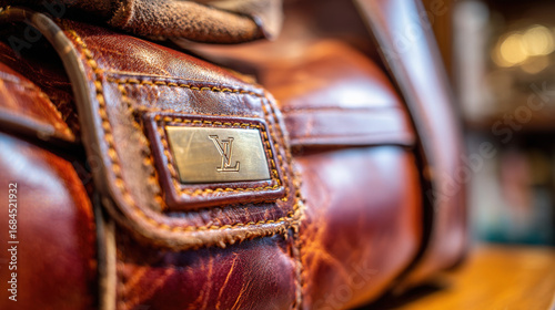 Artistic close-up of handbag corner with frayed edges, imperfect stitching, and misaligned logo plate illustrating counterfeit luxury goods