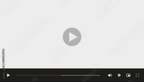 Digital video player interface with play button, progress bar, volume, settings, and fullscreen icons displayed on a minimal gray background