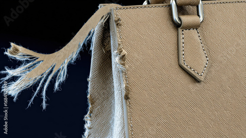 Artistic close-up of handbag corner with frayed edges, imperfect stitching, and misaligned logo plate illustrating counterfeit luxury goods