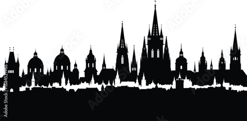 Silhouette of Cityscape with Churches, Domes and Steeple on Transparent Background