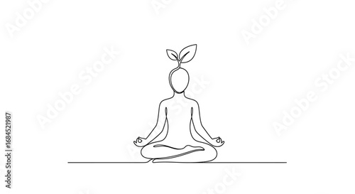 Mindfulness and Growth: A Serene Figure Meditating with Sprout in Single Line Art