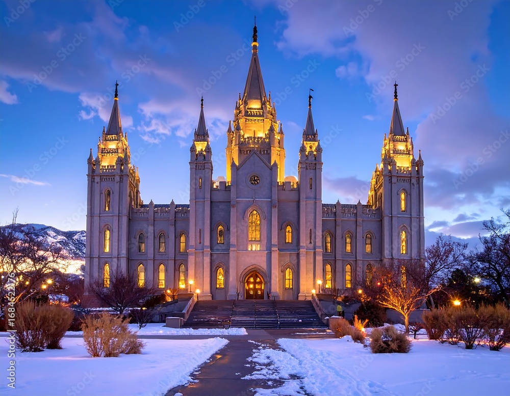 Fototapeta premium A magnificent, illuminated temple stands tall against a twilight sky, showcasing intricate details and warm, golden light illuminating the snowy landscape.