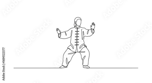 Continuous line drawing of person practicing tai chi chuan for fitness and focus