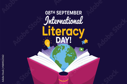 Celebrating international literacy day on 08th september with an open book, a glowing globe, and symbolic elements representing education, knowledge, and the power of literacy for global progress
