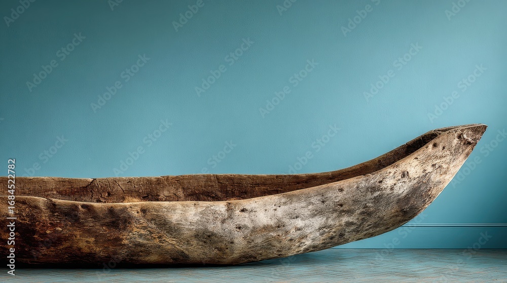 Obraz premium Close up view of an aged wooden canoe displayed against a teal wall. The canoe shows significant wear and texture.
