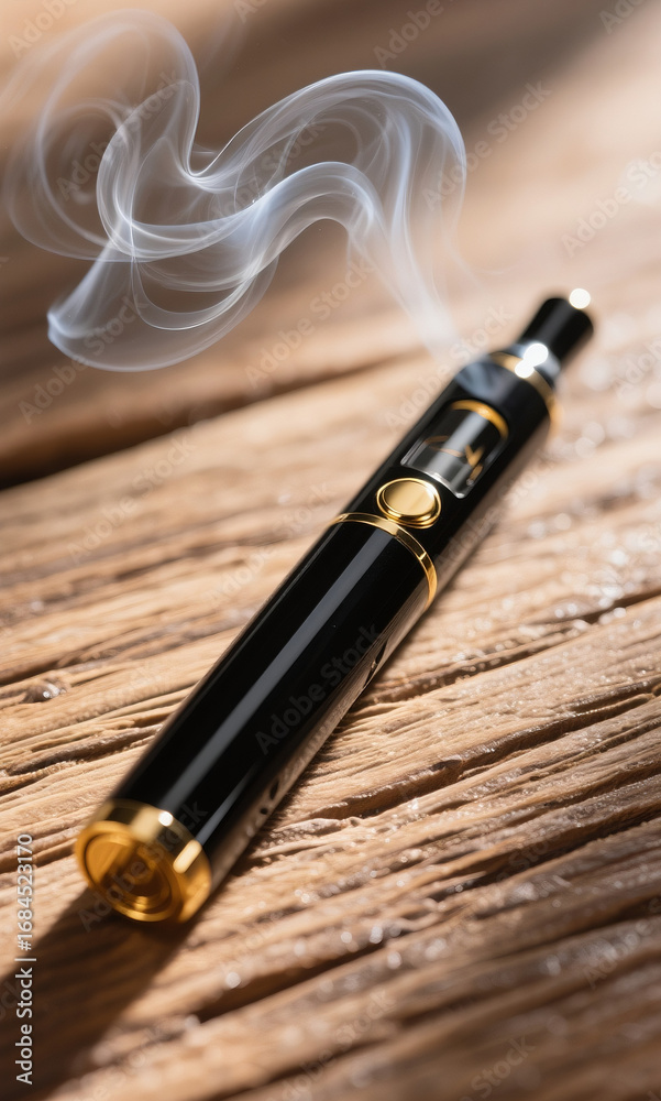 Naklejka premium Close-up of a modern electronic cigarette emitting swirling vapor while resting on a rustic wooden plank surface