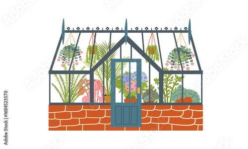 Greenhouse garden . Plants indoor at day and night. Care about plants. Botany and floristry, gardening. Glasses buildings for sprouts. Cartoon flat vector collection isolated on white background