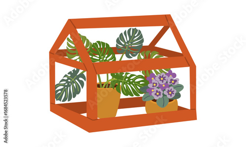 Greenhouse garden . Plants indoor at day and night. Care about plants. Botany and floristry, gardening. Glasses buildings for sprouts. Cartoon flat vector collection isolated on white background