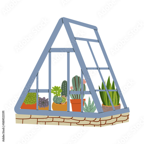 Greenhouse garden . Plants indoor at day and night. Care about plants. Botany and floristry, gardening. Glasses buildings for sprouts. Cartoon flat vector collection isolated on white background
