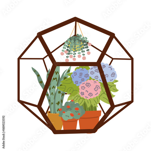 Greenhouse garden . Plants indoor at day and night. Care about plants. Botany and floristry, gardening. Glasses buildings for sprouts. Cartoon flat vector collection isolated on white background