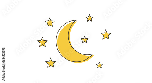Stylized golden crescent moon surrounded by twinkling stars in the night sky design