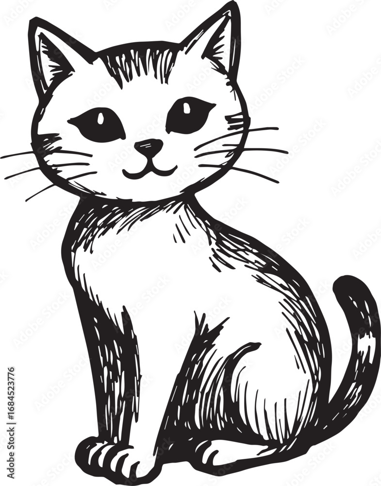 Obraz premium Cat Doodle Black and White Illustration Vector Image Cute Kitten Sketch Line Art Drawing Silhouette
