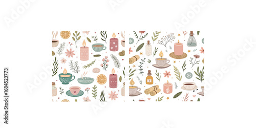Print  Vector seamless pattern of wellness objects – candles, herbs, tea cups, self-care items, pastel tones