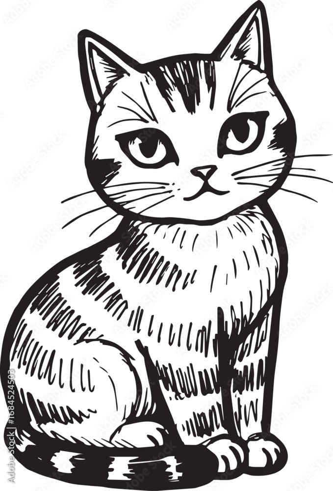 Obraz premium Cat Doodle Black and White Illustration Vector Image Cute Kitten Sketch Line Art Drawing Silhouette