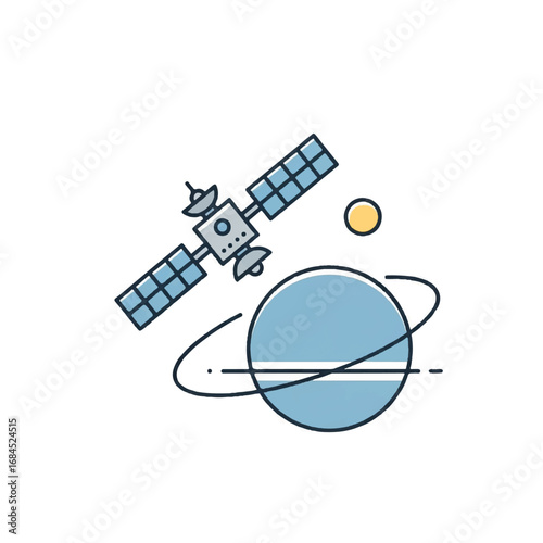 Satellite orbiting planet with sun in space.