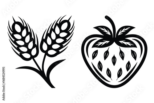 Black Wheat and Strawberry Silhouette on White Background Design Elements