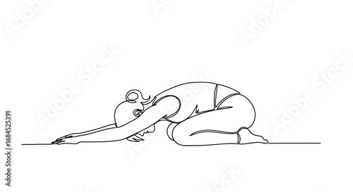 Minimalistic line drawing of a woman practicing yoga in child's pose promoting wellness and