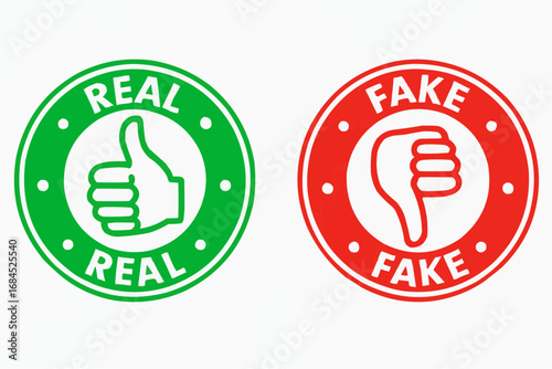 "Real and Fake Badge Icons with Thumbs Up and Down Symbols – Authenticity Concept on Transparent Background"