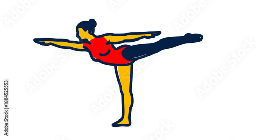 Dynamic sketch depicting a woman in warrior three pose showcasing balance strength and mindfulness