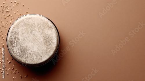 Overhead view of a light beige drum on a brown surface with small beige seeds scattered around it.