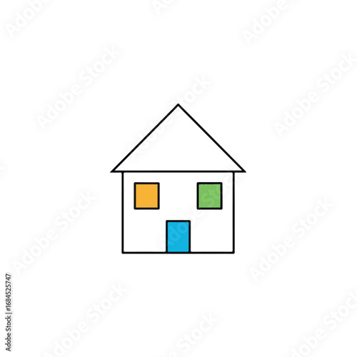 Simple Line Drawing of a House with Colored Windows and Door.