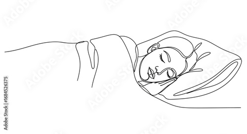 Single line art of a woman peacefully sleeping, representing relaxation and comfort