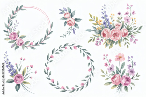 Watercolor floral collection of roses and wreaths isolated on white background for decorative design element