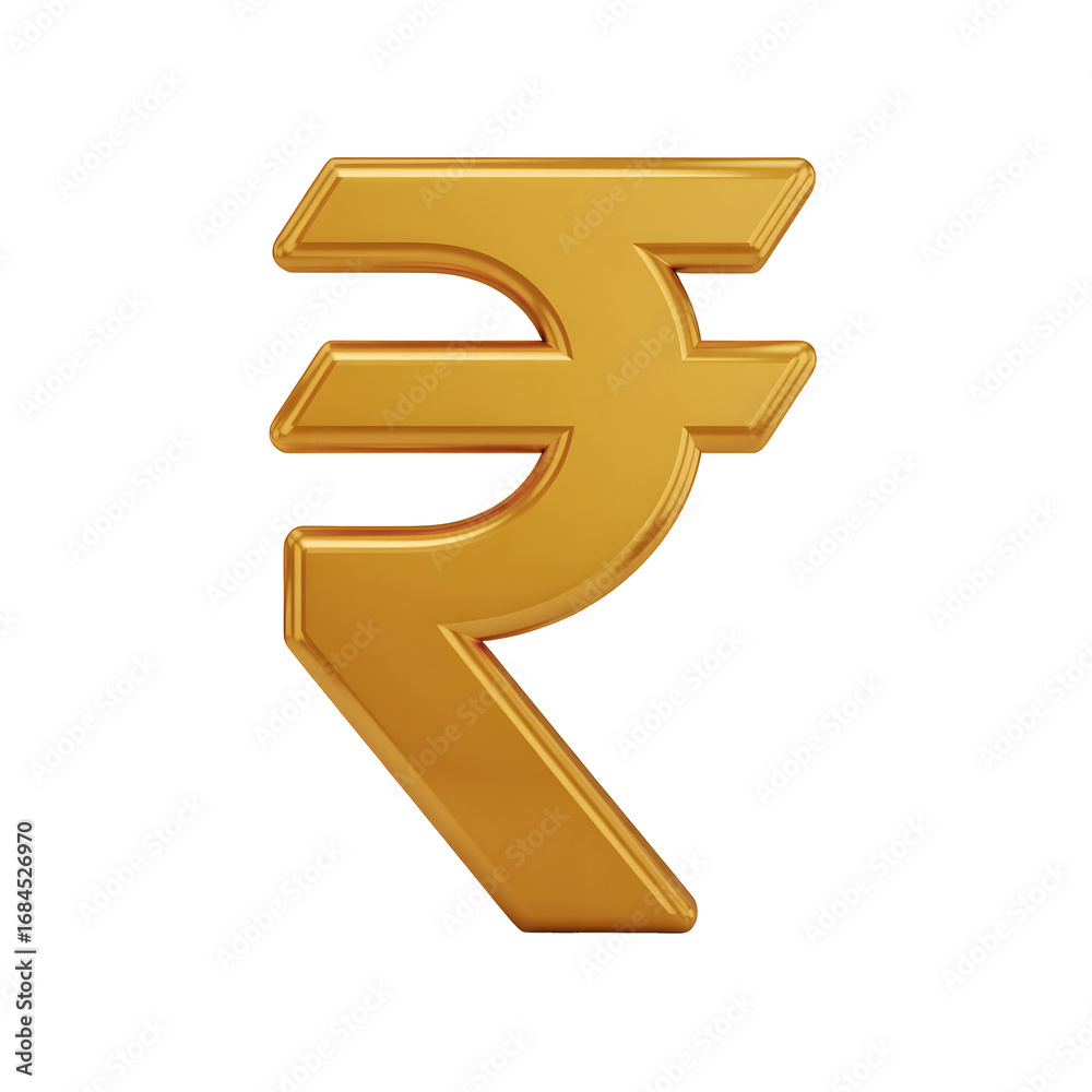 Fototapeta premium Single Golden 3D Rendered Indian Rupee Symbol Against transparent background Black Currency Symbol Finance isolated on a transparent background