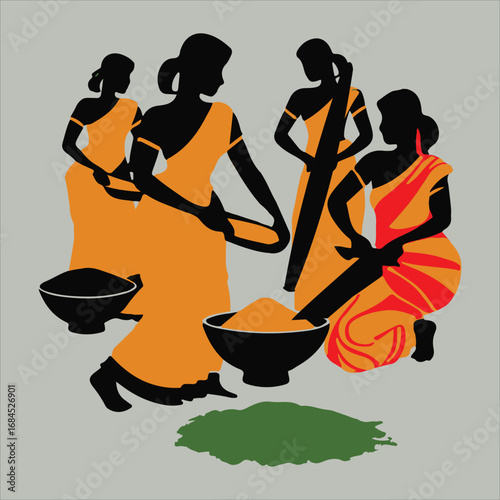 Vector art illustration of Indian women grinding spices