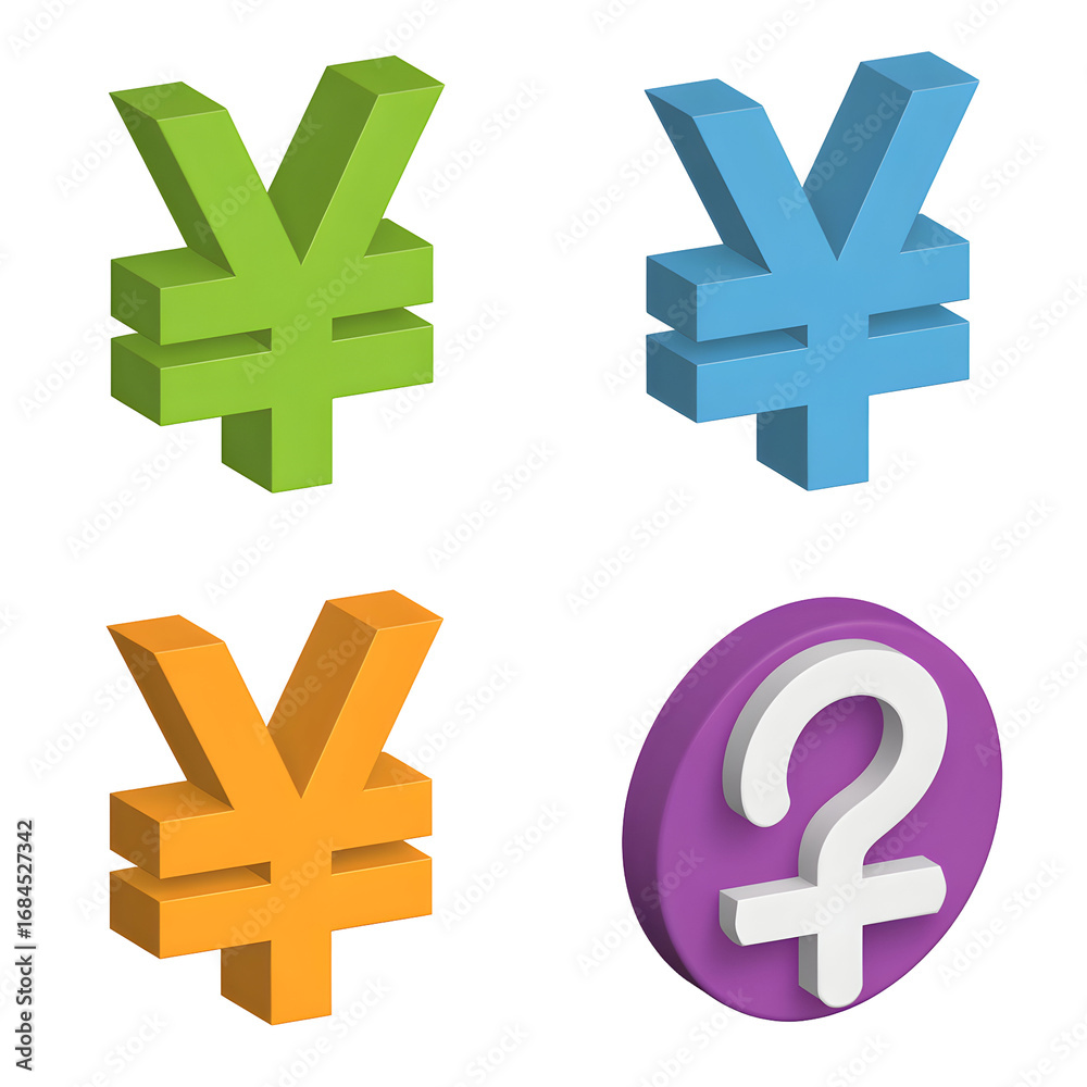 Fototapeta premium Three 3D Rendered Isometric Yen Symbols and Female Symbol in Vibrant Colors currency money transparent background isolated on a transparent background