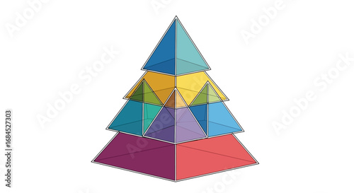 Colorful stacked pyramid composition of triangular geometric shapes on a white background