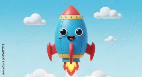 Cute cartoon rocket ship flying through the sky with fluffy clouds vector illustration design graphic art