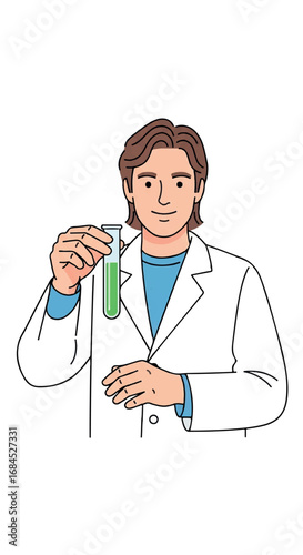 Smiling male scientist holding test tube with green liquid.