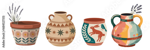 Set of handmade ceramic vases and flower pots in Scandinavian folk style, hand-painted patterns, flat vector illustration clipart isolated on transparent background.