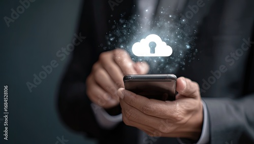 Businessperson's hands hold a phone, a secure cloud icon appears above