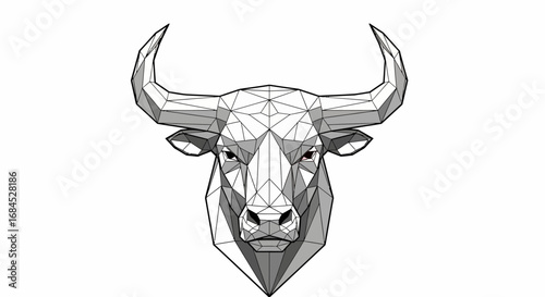 Geometric illustration showcases a powerful bull head with strong horns, perfect for design,