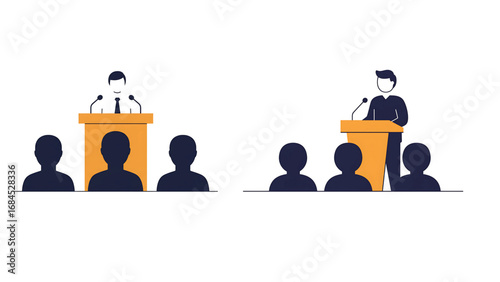 Business meeting and corporate discussion vector illustration showing group of people with speakers at podium, isolated on white background for presentation and teamwork concepts.