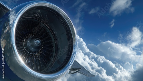 Close-up jet engine against a bright sky with clouds