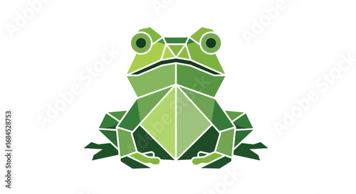 Stylized geometric frog illustration in shades of green against a white backdrop