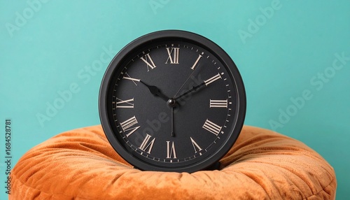 Wallpaper Mural black analog clock with Roman numerals on orange cushion against teal background Torontodigital.ca
