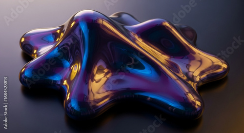 Abstract iridescent blob shape 3d render with smooth reflections and colorful light effect design element