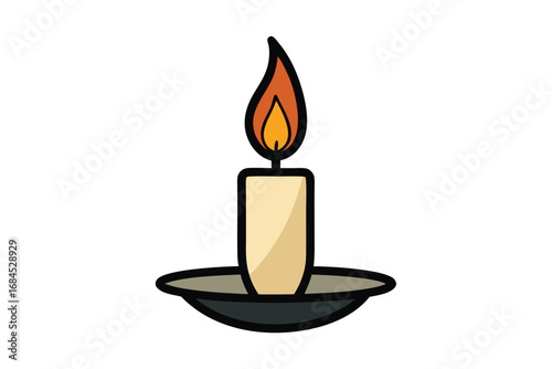 Burning Candle on Stand with Orange Flame and White Background Isolated