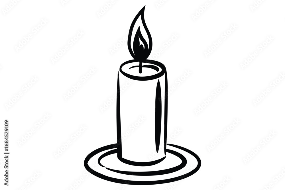 Obraz premium Burning Candle with Holder in Outline Style, on White Background
