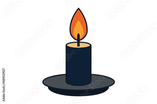 Burning Candle on Stand, Orange Flame, Minimalist Style on White Background