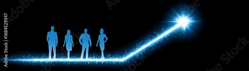 Blue silhouette business team walking toward bright light with upward growth spark trail, glowing path and starburst